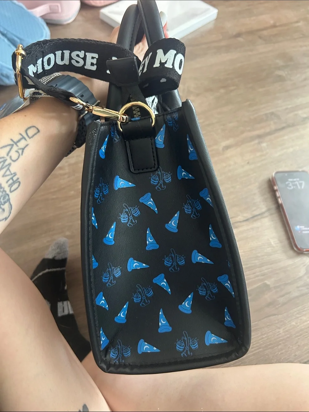 NWT Disney Black Fantasia Mickey Mouse bag with Blue Lettering